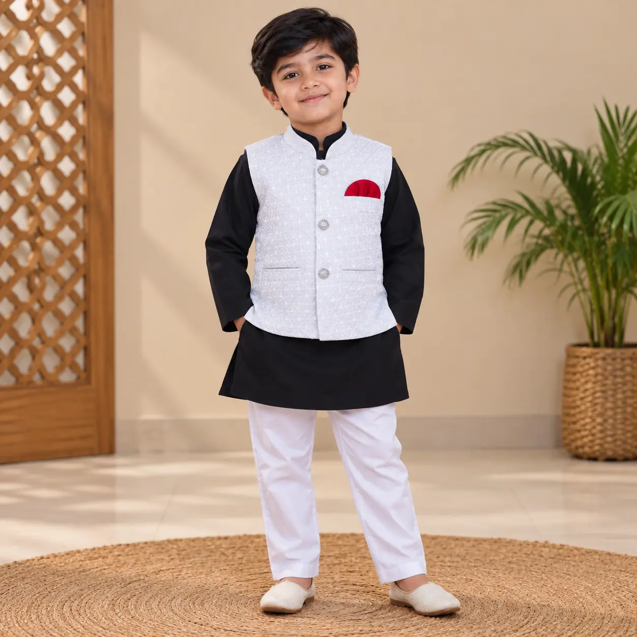 Boy in Black-and-White Koti Panjabi Set
