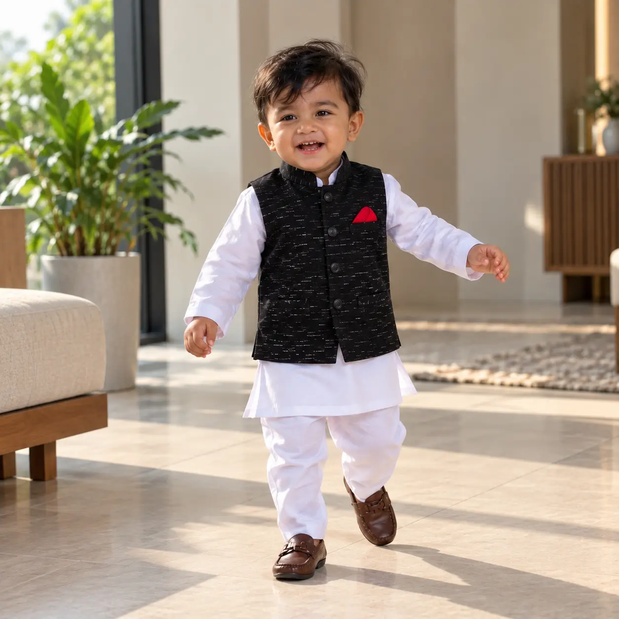 Kids / Baby Panjabi & White Koti Full Set - Black Koti
