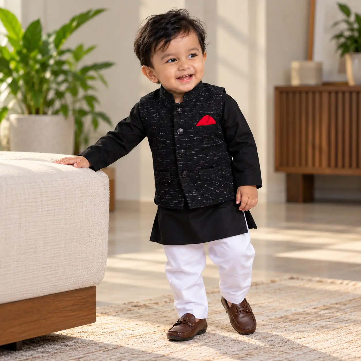 Kids / Baby Panjabi & White Koti Full Set - Black Koti